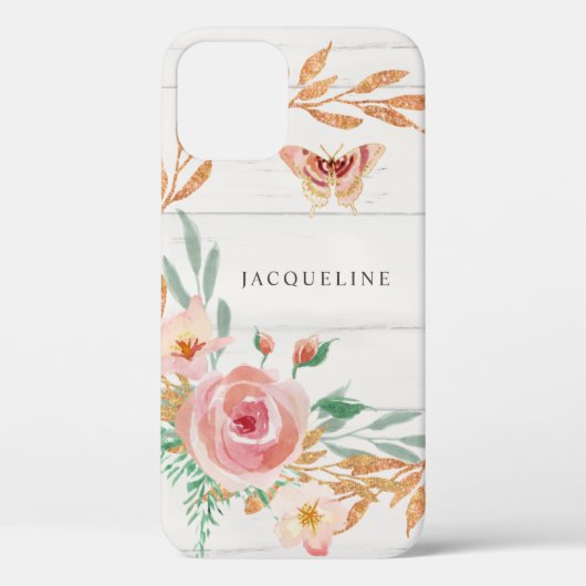 Aquarell-Blume Rose Gold Glitzer Grünholz Case-Mate iPhone Hülle (Rückseite)