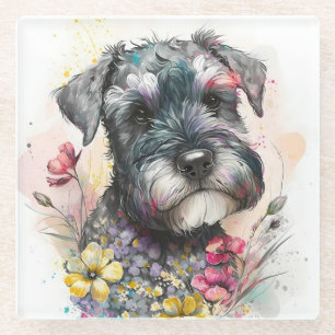 Aquarell-Blume und Schnauzer-Welpe Glasuntersetzer