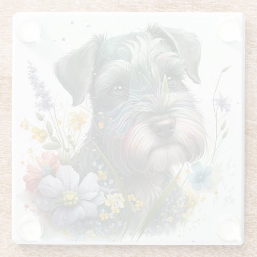 Aquarell-Blume und Schnauzer-Welpe Glasuntersetzer (Rückseite)