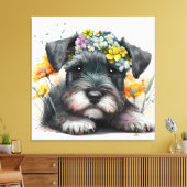 Aquarell-Blume und Schnauzer-Welpe Leinwanddruck (Insitu (Wohnzimmer))