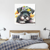 Aquarell-Blume und Schnauzer-Welpe Leinwanddruck (Insitu (Schlafzimmer))