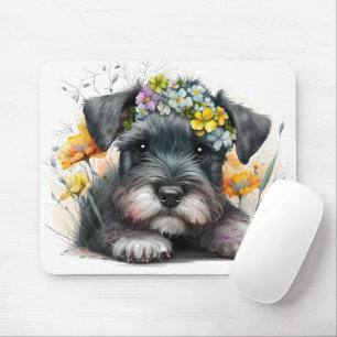 Aquarell-Blume und Schnauzer-Welpe Mousepad