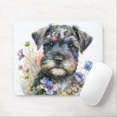 Aquarell-Blume und Schnauzer-Welpe Mousepad (Mit Mouse)