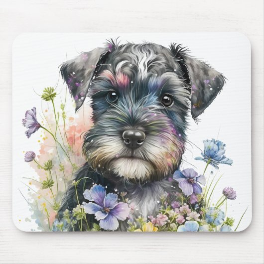 Aquarell-Blume und Schnauzer-Welpe Mousepad (Vorne)
