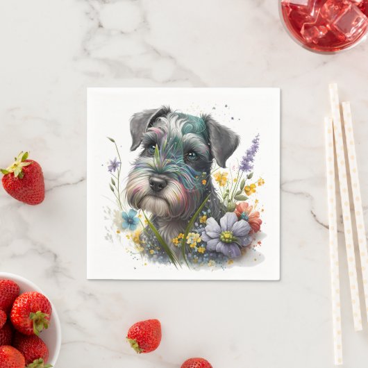 Aquarell-Blume und Schnauzer-Welpe Serviette (Beispiel)
