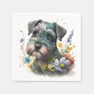 Aquarell-Blume und Schnauzer-Welpe Serviette