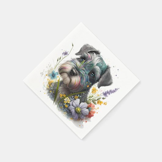 Aquarell-Blume und Schnauzer-Welpe Serviette (Ecke)