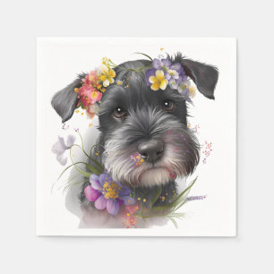 Aquarell-Blume und Schnauzer-Welpe Serviette