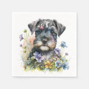 Aquarell-Blume und Schnauzer-Welpe Serviette