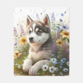 Aquarell-Blume und sibirische Husky-Welpe Fleecedecke (Vorderseite)