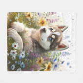 Aquarell-Blume und sibirische Husky-Welpe Fleecedecke (Vorderseite (Horizontal))