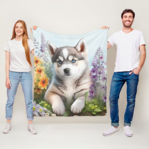 Aquarell-Blume und sibirische Husky-Welpe Fleecedecke