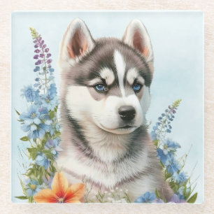 Aquarell-Blume und sibirische Husky-Welpe Glasuntersetzer
