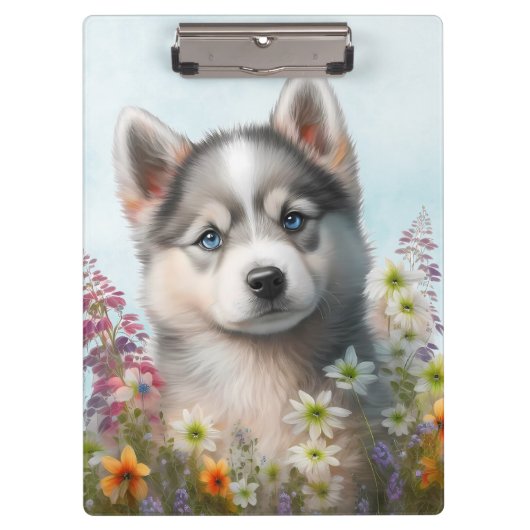 Aquarell-Blume und sibirische Husky-Welpe Klemmbrett (Vorderseite)
