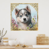 Aquarell-Blume und sibirische Husky-Welpe Poster (Küche)
