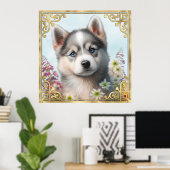 Aquarell-Blume und sibirische Husky-Welpe Poster (Heimbüro)
