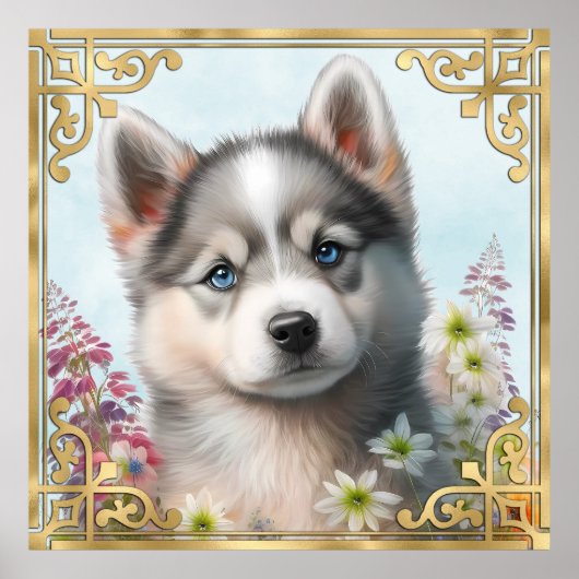 Aquarell-Blume und sibirische Husky-Welpe Poster (Vorne)