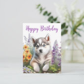 Aquarell-Blume und sibirische Husky-Welpe Postkarte (Stehend Vorderseite)