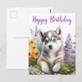 Aquarell-Blume und sibirische Husky-Welpe Postkarte (Vorne/Hinten)