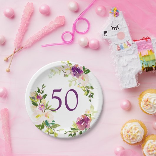 Aquarell-Blumen50. Geburtstag Pappteller (Party)