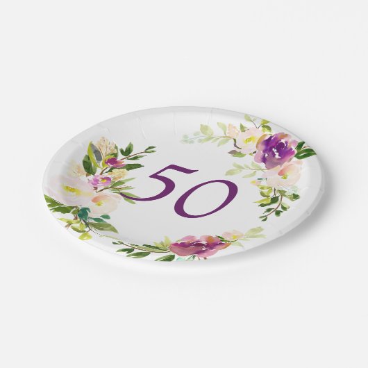 Aquarell-Blumen50. Geburtstag Pappteller (Schrägansicht)