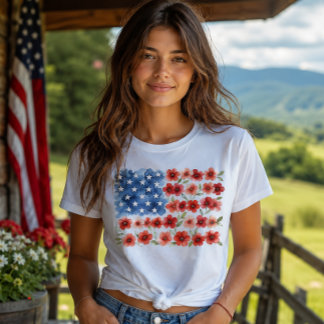 Aquarell-Blumen-Amerikanische Flagge Patriotische  T-Shirt