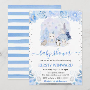 Aquarell-Blumen-Arktis-Tiere-Baby-Party Einladung