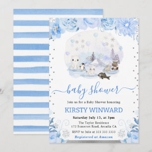 Aquarell-Blumen-Arktis-Tiere-Baby-Party Einladung
