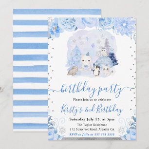 Aquarell Blumen Arktische Tiere Kinder Geburtstag Einladung