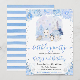 Aquarell Blumen Arktische Tiere Kinder Geburtstag Einladung