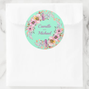 Aquarell-Blumen auf Neo-Mint mit Roségold Runder Aufkleber