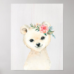 Aquarell-Blumen-Baby-Eisbär-Schneetiere Poster