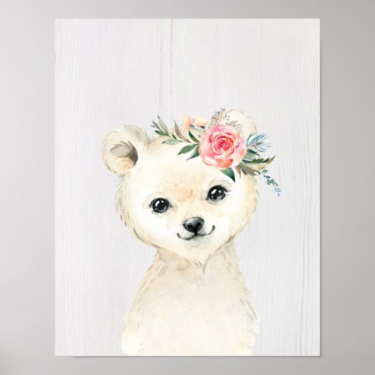 Aquarell-Blumen-Baby-Eisbär-Schneetiere Poster (Vorne)