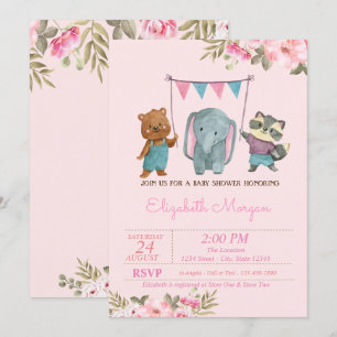 Aquarell Blumen Baby-Tiere Baby-Party Einladung