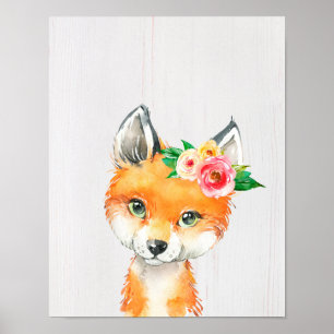 Aquarell-Blumen-Babyfuchs, Waldtiere Poster