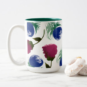Aquarell-Blumen Blau Burgund Grünmalerei Zweifarbige Tasse