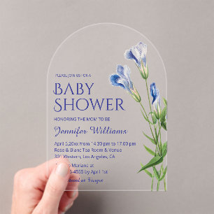 Aquarell-Blumen-blauer-Junge-Baby-Shower-Torbogen Acryleinladungen