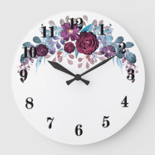 Aquarell-Blumen-Blumenkranz Retro Vintage Blau Große Wanduhr