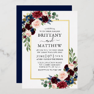 Aquarell-Blumen-Bordeaux-Blau-Hochzeit-Gold Folieneinladung