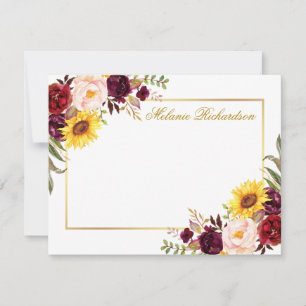Aquarell-Blumen-Burgunder-Gold-Personalisiert Mitteilungskarte