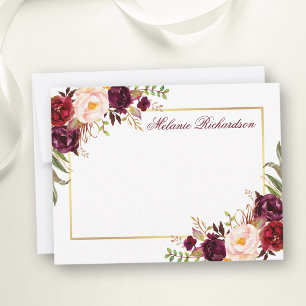 Aquarell-Blumen-Burgunder-Gold-Rahmen personalisie Mitteilungskarte