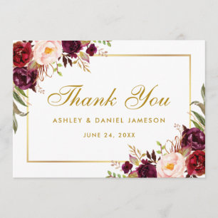 Aquarell-Blumen-Burgunder-Goldene-Hochzeit-Danke Dankeskarte