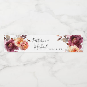 Aquarell-Blumen-Burgunder-Hochzeit Wasserflaschenetikett