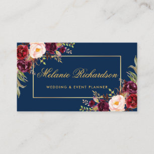 Aquarell-Blumen Burgunder Marsala Blau Gold Visitenkarte