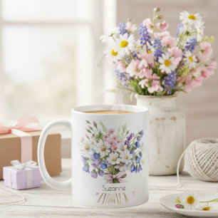 Aquarell Blumen-Daisies April Geburtstag Kaffee Kaffeetasse