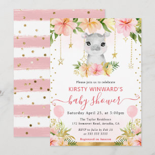 Aquarell-Blumen-Dschungel-Nilpferd-Baby-Party Einladung