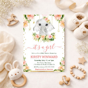 Aquarell Blumen- Elefant- Mädchen- Babyparty Einladung