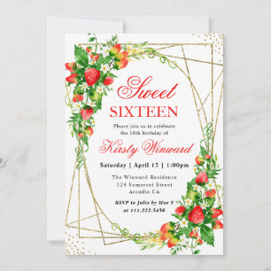 Aquarell-Blumen-Erdbeeren Goldrahmen Sweet 16 Einladung