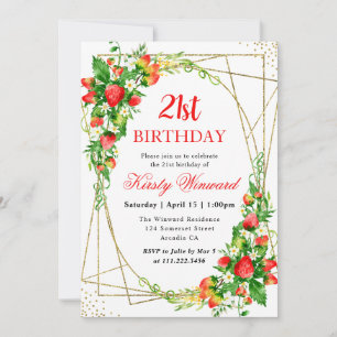 Aquarell-Blumen-Erdbeeren-Rahmen 21. Geburtstag Einladung