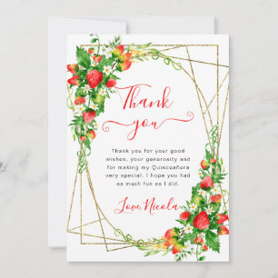 Aquarell-Blumen-Erdbeeren-Rahmen Quinceanera Dankeskarte